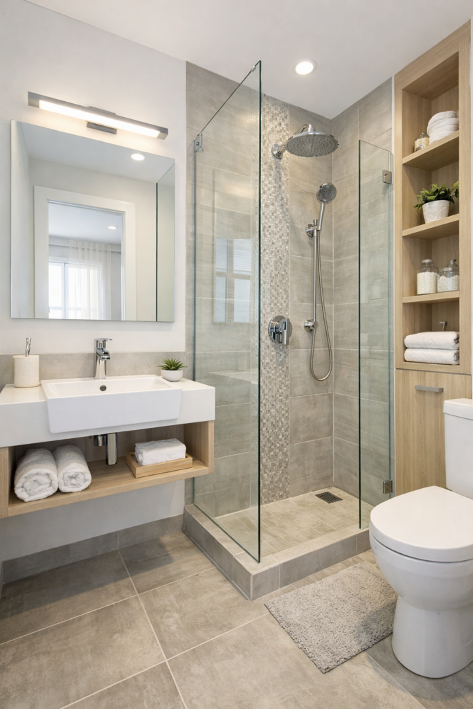 Small bathroom with wall-mounted sink, glass shower, vertical storage, and light-colored tiles, designed for space efficiency and style by Danish Jafri Bath Designs.