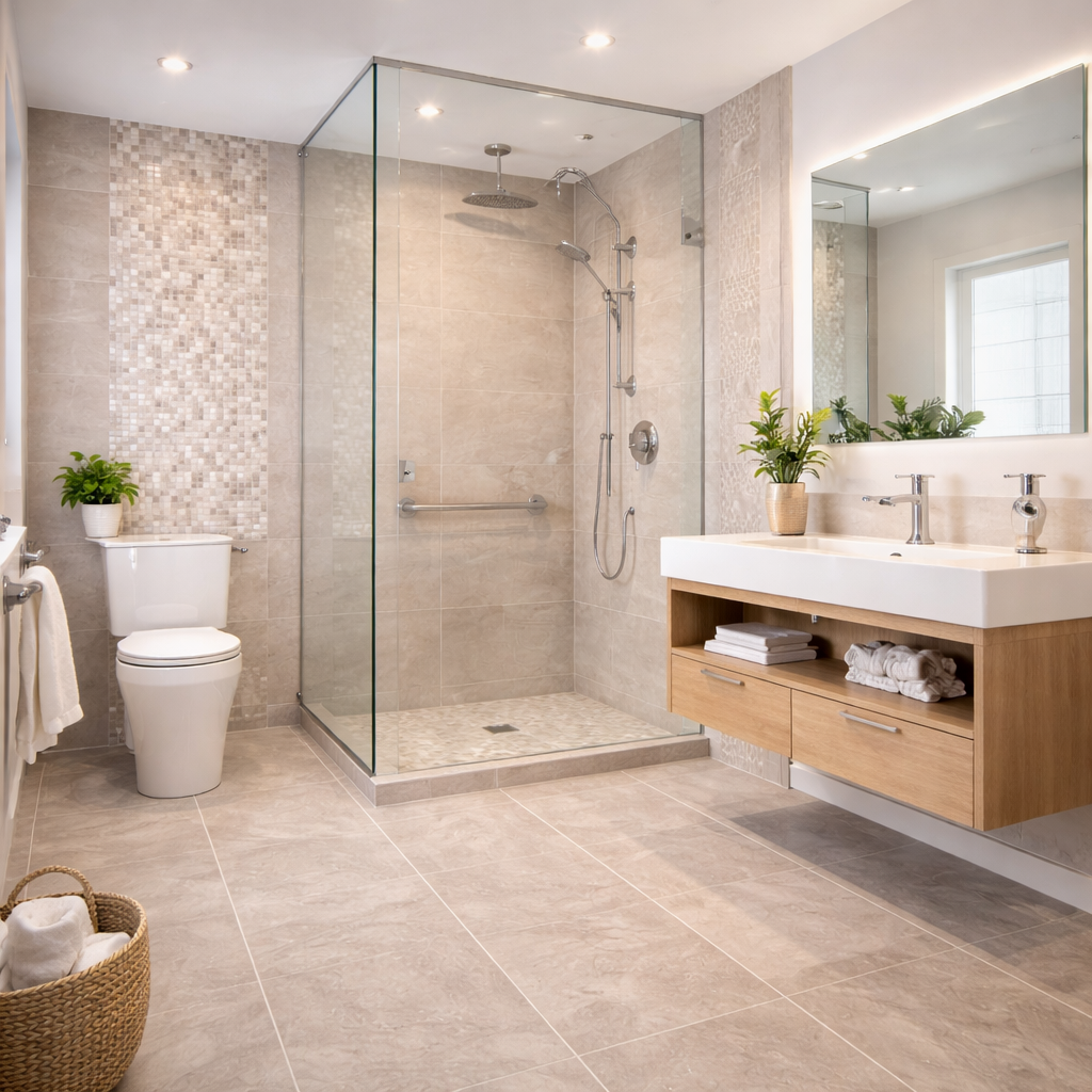 Modern bathroom with porcelain and mosaic tiles, stylish and durable for long-lasting use.