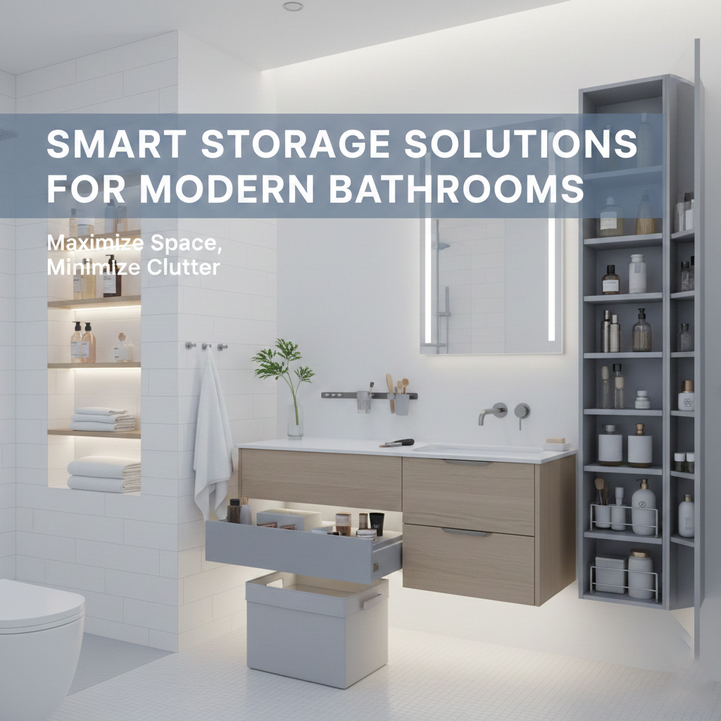 Modern bathroom with floating vanity, wall-mounted shelves, built-in shower niches, and organized drawers, showcasing smart storage solutions by Danish Jafri Bath Designs.