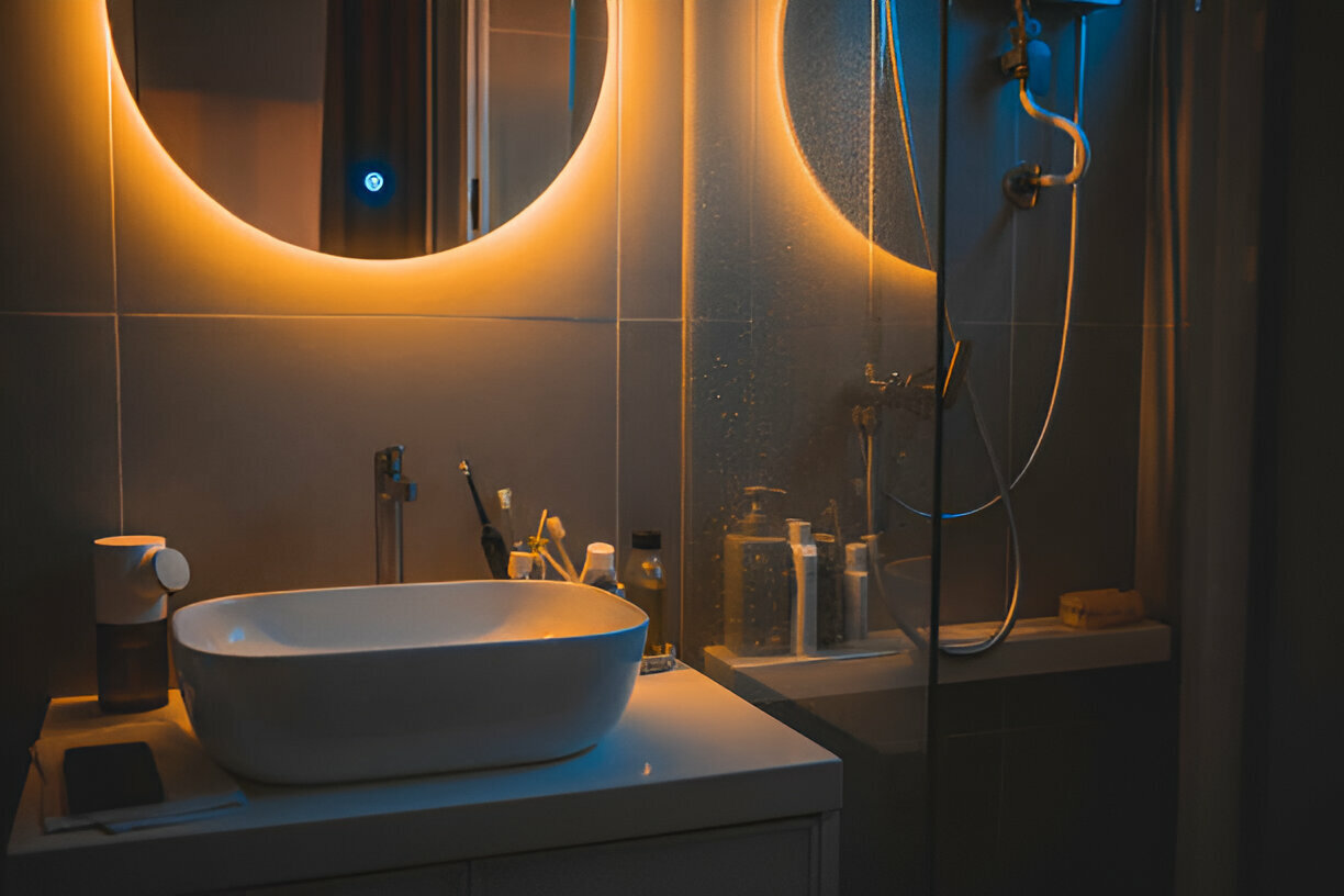 Warm and Cozy Bathroom Interior with Mirror Reflection & Sink Basin Warm and Cozy Bathroom Interior with Mirror Reflection & Sink Basin