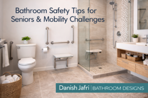Accessible bathroom with grab bars, non‑slip floor, walk‑in shower, and easy‑reach storage demonstrating safety features for seniors and mobility challenges.